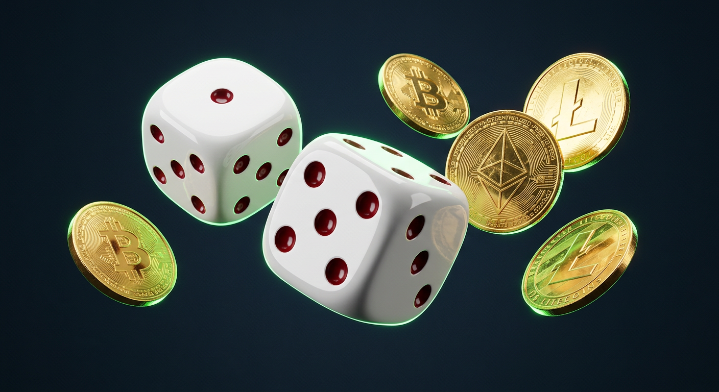 Casino dice and crypto coins representing Stake referral rewards